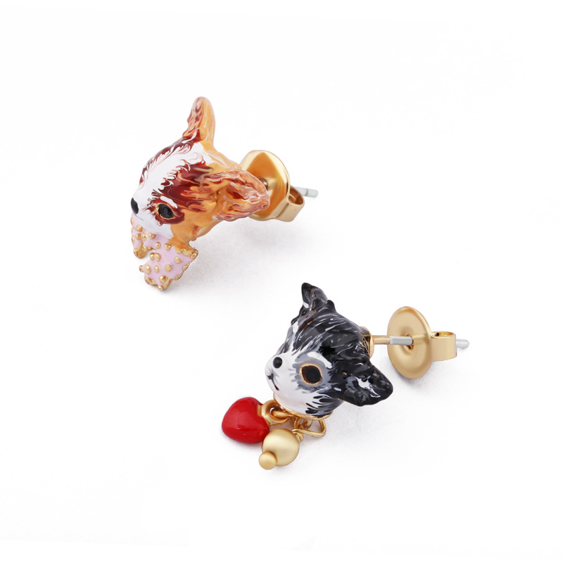 Cute Dog Asymmetry Enamel Earrings Jewelry Stud Clip Earrings