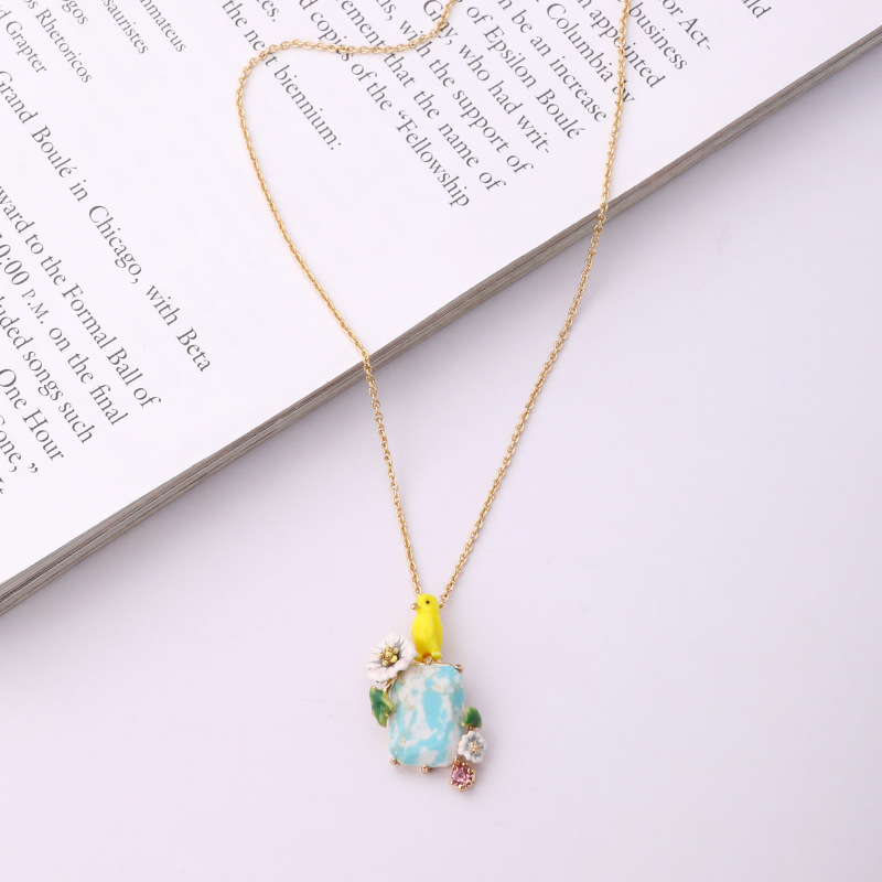 Yellow Bird Flower And Stone Pendant Enamel Necklace