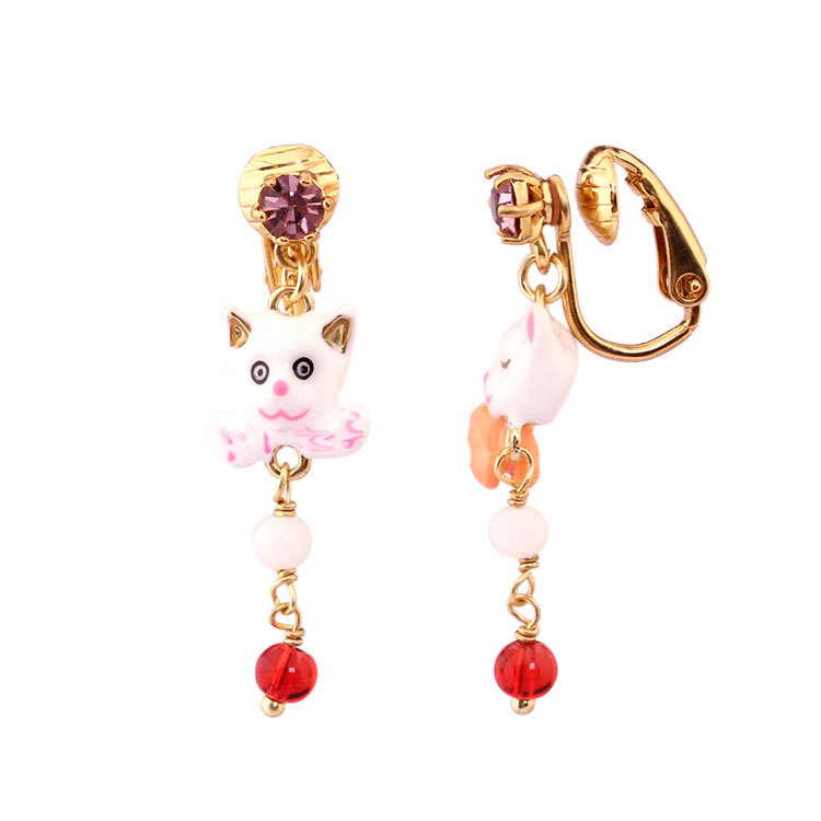 White Cat Enamel Earrings Jewelry Stud Clip Hook Earrings