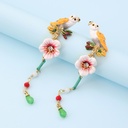 Owl And Pink Cherry Blossom Flower Tassel Enamel Earrings Jewelry Gift