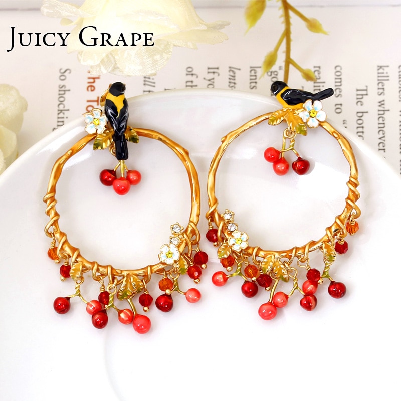 Yellow Oriole Small Cherry Enamel Earrings Jewelry Stud Earrings