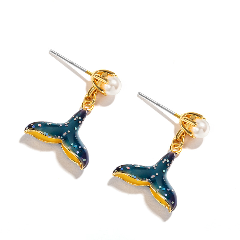 Whale Tail With Pearl Enamel Earrings