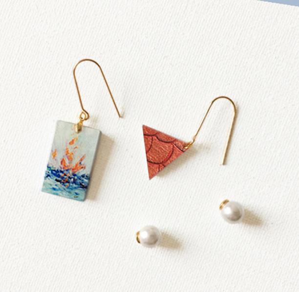 Fireworks on Sea Asymmetrical Painting Geometry Earrings