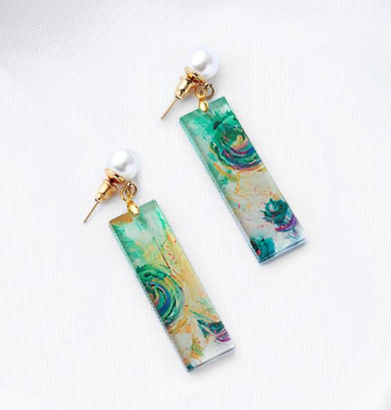 Green Circle Abstract Painting Earrings