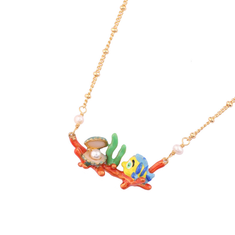 Fish And Shell With A Pearl Enamel Necklace