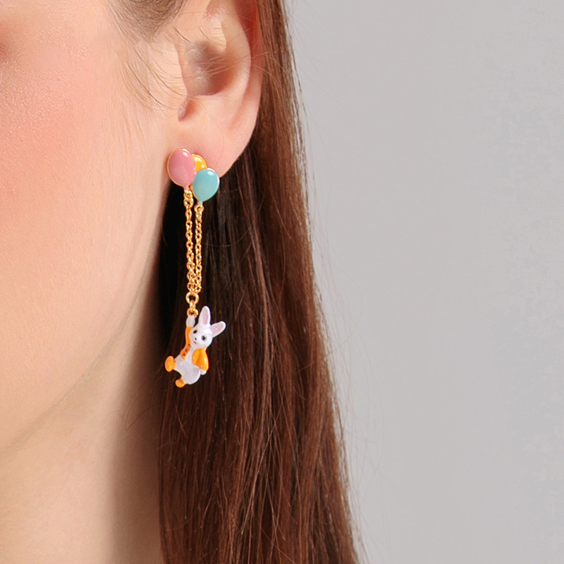 Cute Rabbit With Balloon Tassel Enamel Earrings