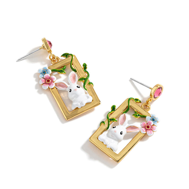 Pink Flower And Peach Asymmetrical Enamel Stud Earrings