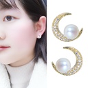 Freshwater Pearl On Moon Stud Earrings