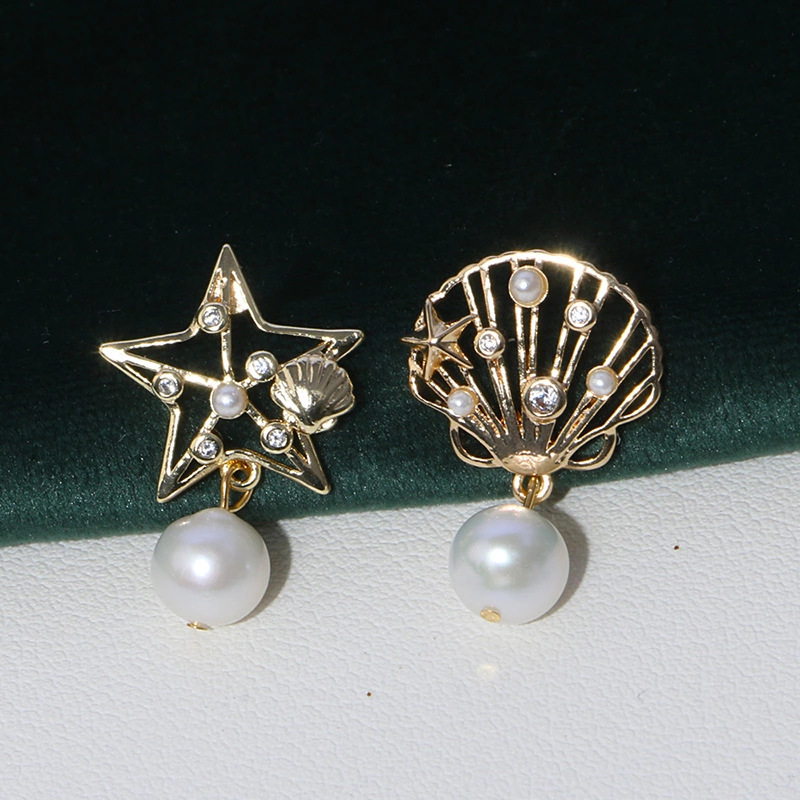 Star And Shell With Freshwater Pearl Asymmetrical Stud Earrings