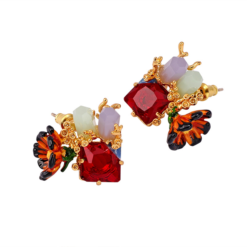 Flower And Crystal Stone Enamel Earrings