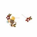 Yellow Bird On Branch And Leaf Asymmetrical Enamel Stud Earrings