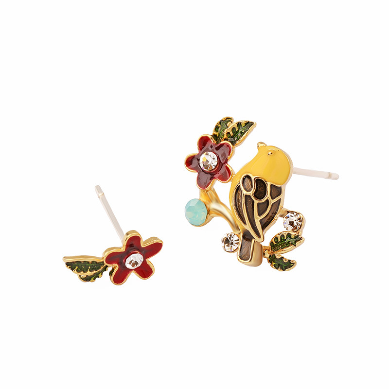 Yellow Bird On Branch And Leaf Asymmetrical Enamel Stud Earrings