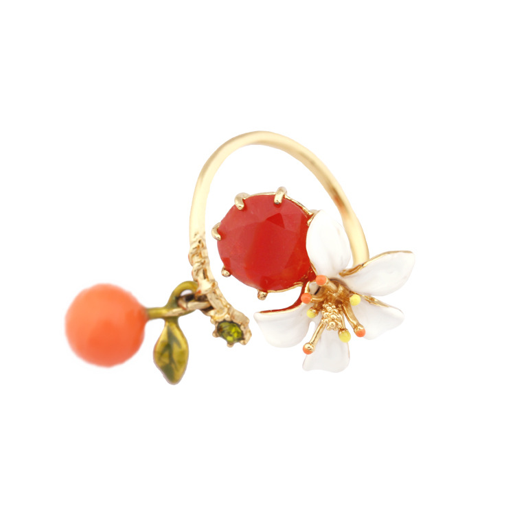 Enamel Glaze Orange Flower Crystal Hatch Gold Ring