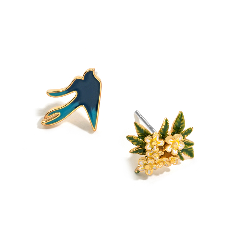 Flower And Swallow Asymmetrical Enamel Stud Earrings