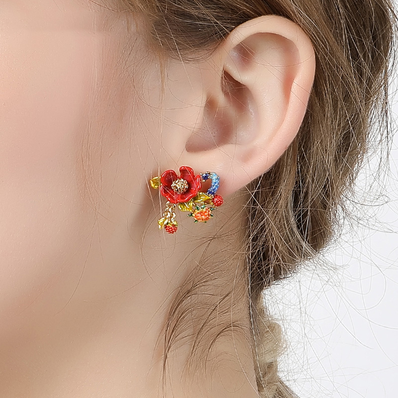 Peony Red Flower And Crystal Enamel Stud Earrings