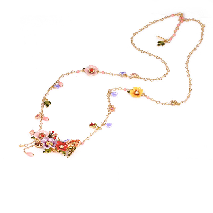 Enamel Glaze Peony Flower Tassel Sweater Chain Pendant Necklace