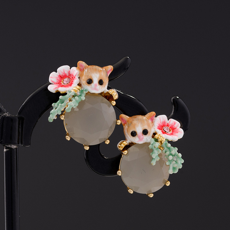 Cat Kitty Kitten Flower And Stone Enamel Stud Earrings