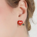 Red Heart With Rose And Dumbbell Asymmetrical Enamel Stud Earrings