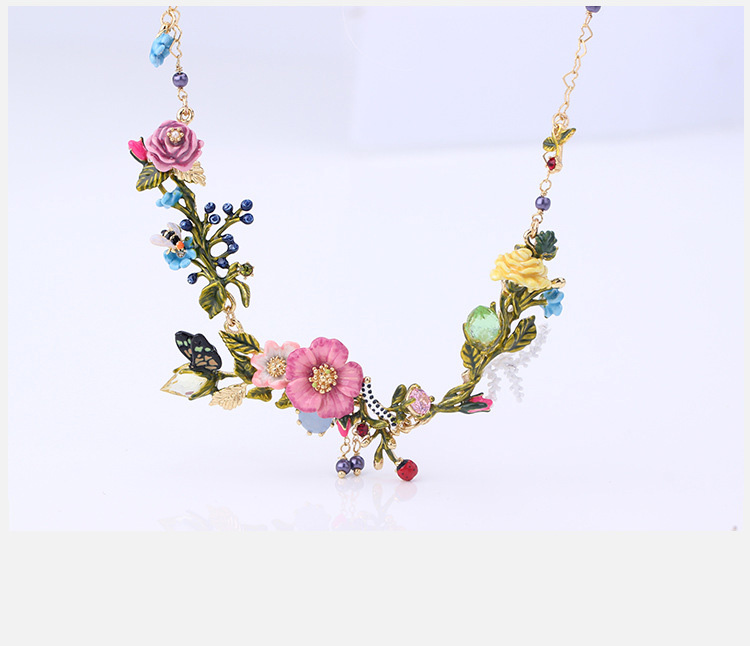 Flower Branch With Caterpillar Butterfly Enamel Necklace