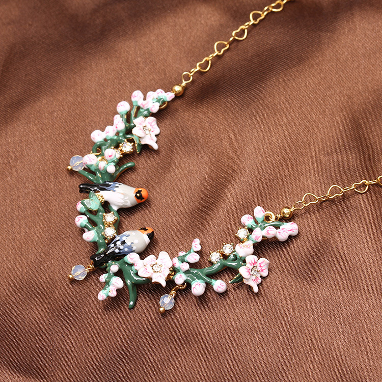 Enamel Glaze Romantic Cherry Blossom Series Tweet Bird Necklace