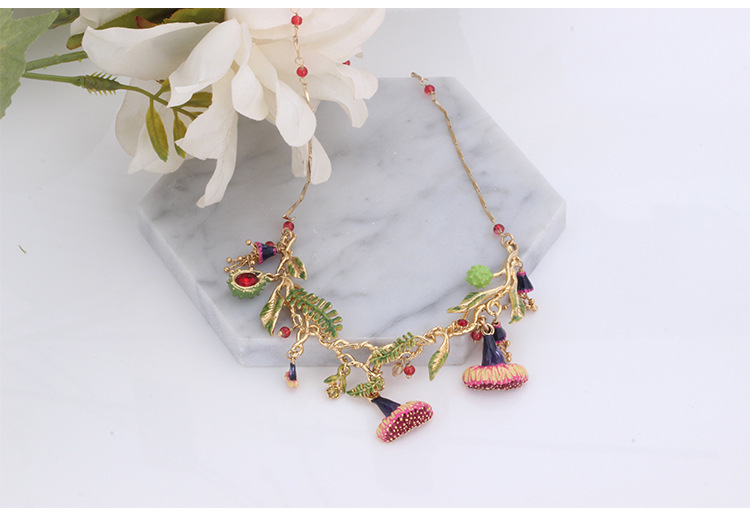 Raspberry Flower And Leaf Enamel Necklace