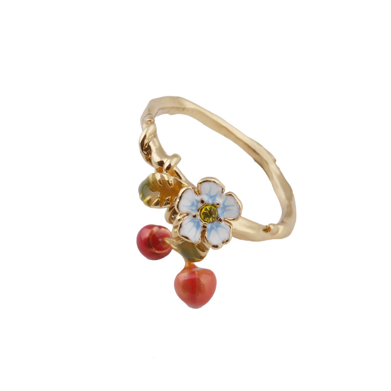 Enamel Glaze Small Fresh Flower Cherry Fall Gold Ring