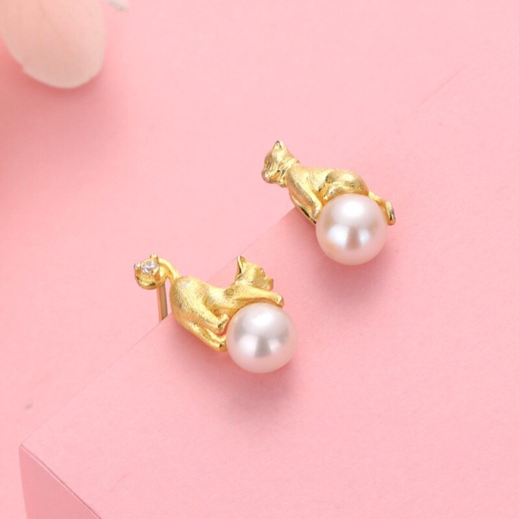 Cute Cat Kitty Kitten Pearl Asymmetrical Stud Earrings