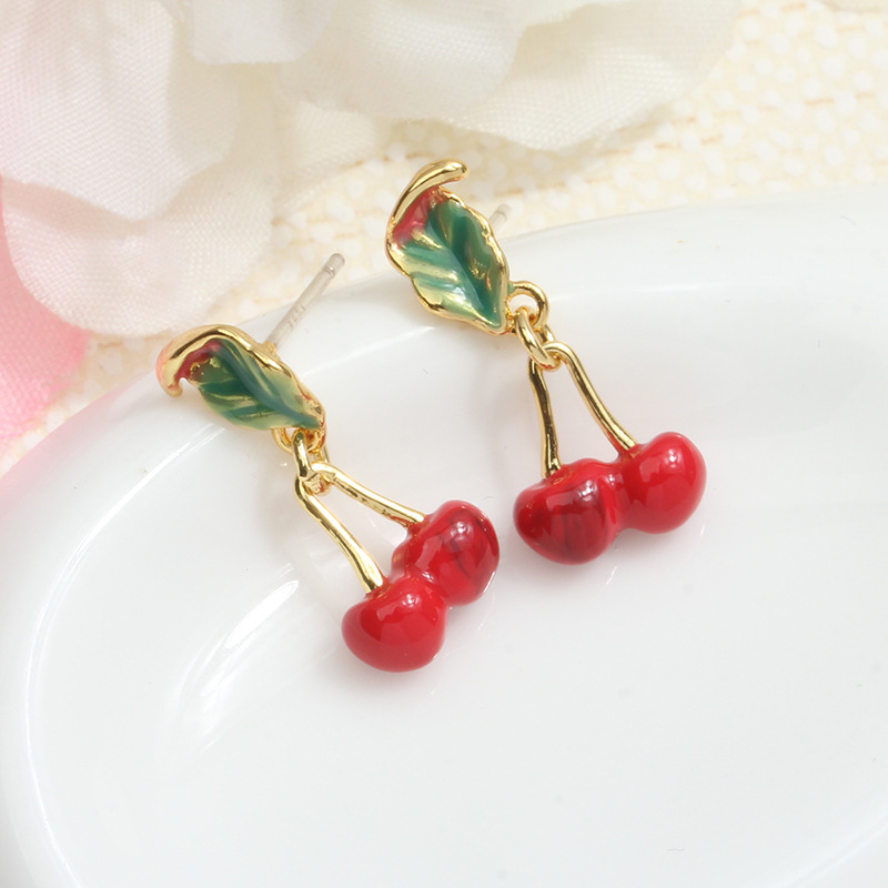 Cherry And Leaf Enamel Stud Dangle Earrings Jewelry Gift