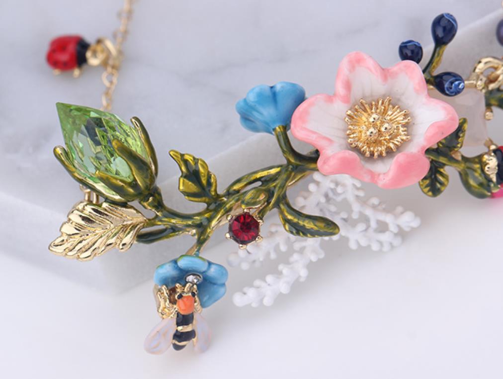 Flower Branch With Caterpillar Butterfly Enamel Necklace