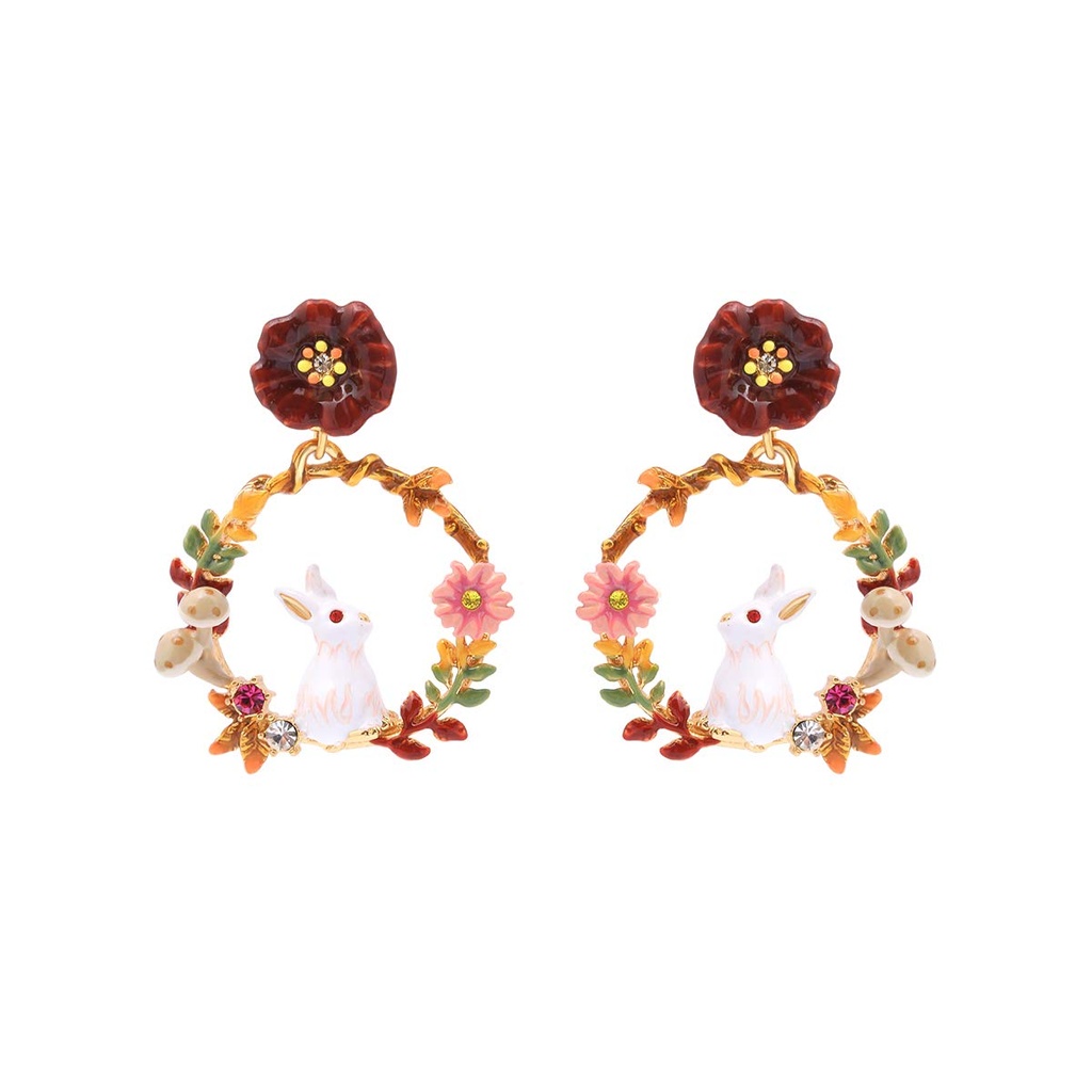Cute Rabbit Enamel Earrings Bunny Flower Jewelry Clip/Stud Earrings