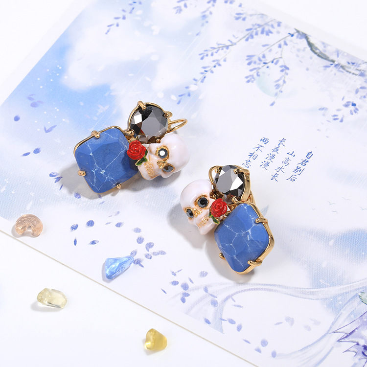 Skeleton Blue Stone And Rose Enamel earrings