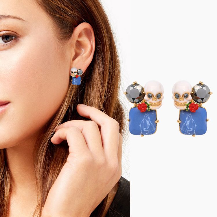 Skeleton Blue Stone And Rose Enamel earrings