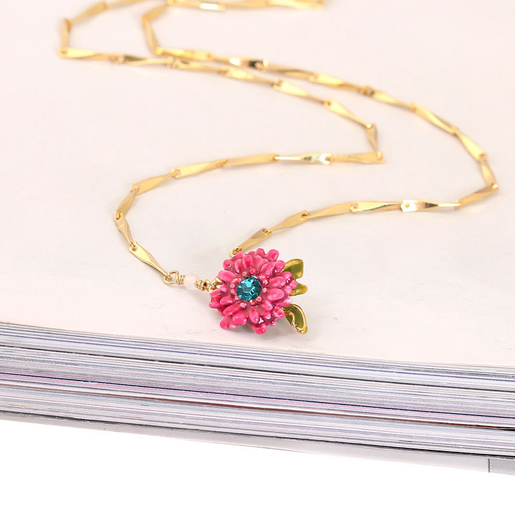 Pink Flower And Crystal Enamel Necklace