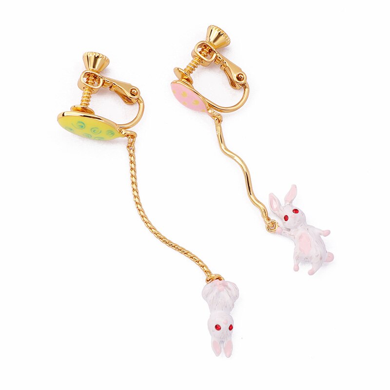 Cute Rabbit Pendant Long Tassel Hand Painted Enamel Asymmetric Stud Clip Earring