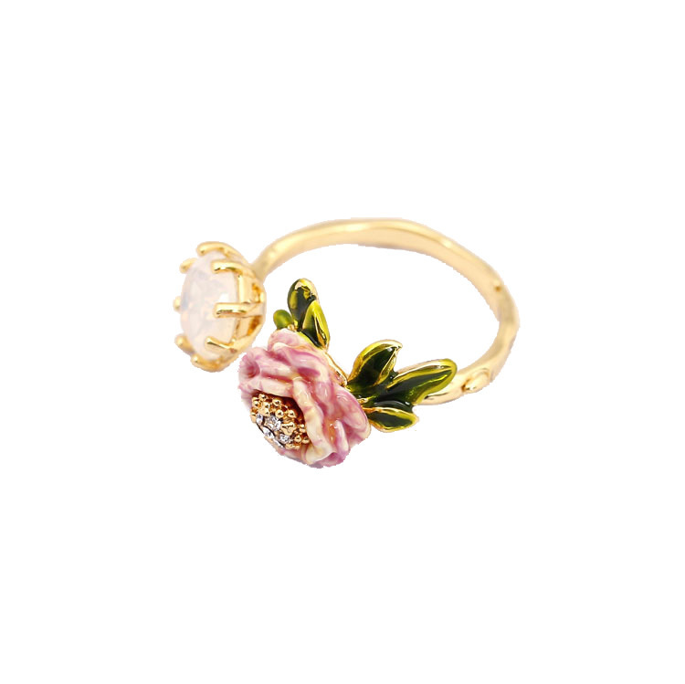 Pink Rose Flower And Stone Enamel Adjustable Ring
