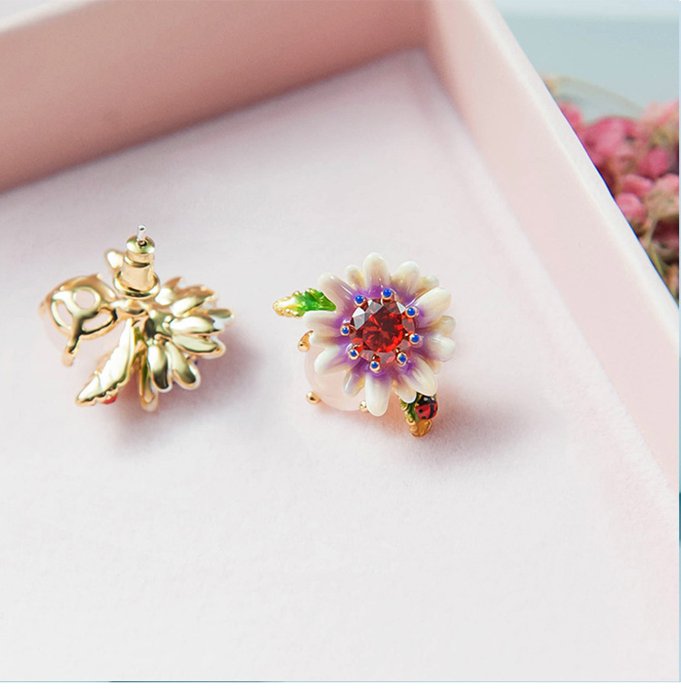 Flower Ladybug And Stone Enamel Earrings