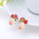 Red Flower And Crystal Stone Enamel Stud Earrings