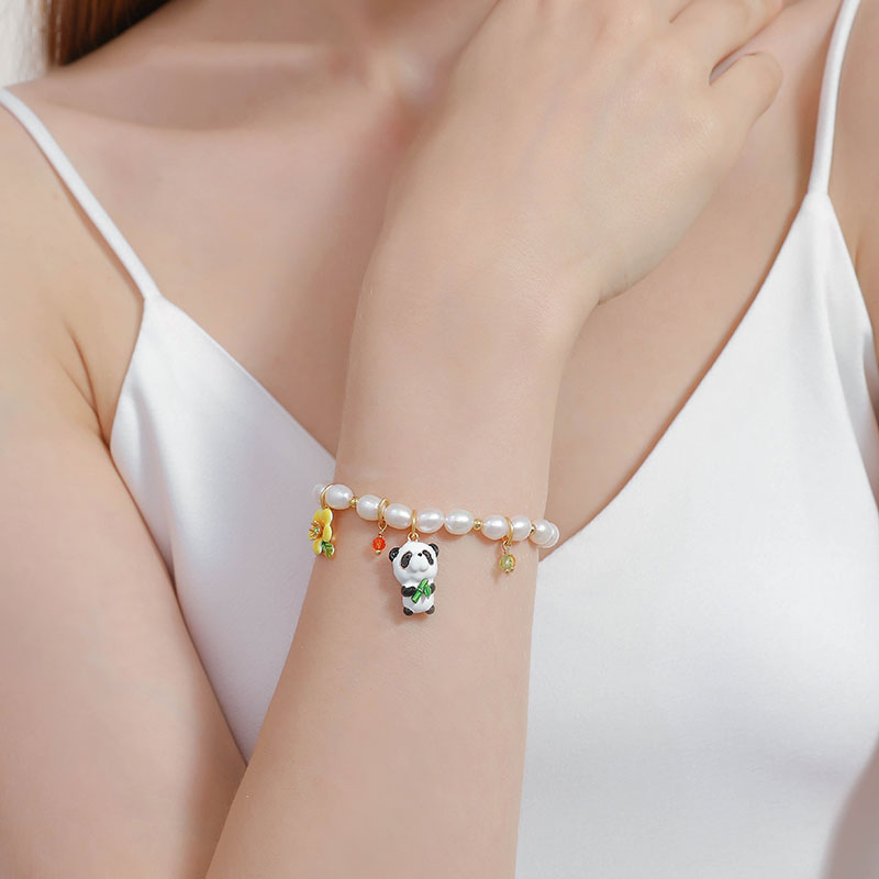 Cute Panda With Bamboo And Flower Pearl Enamel Charm Bracelet