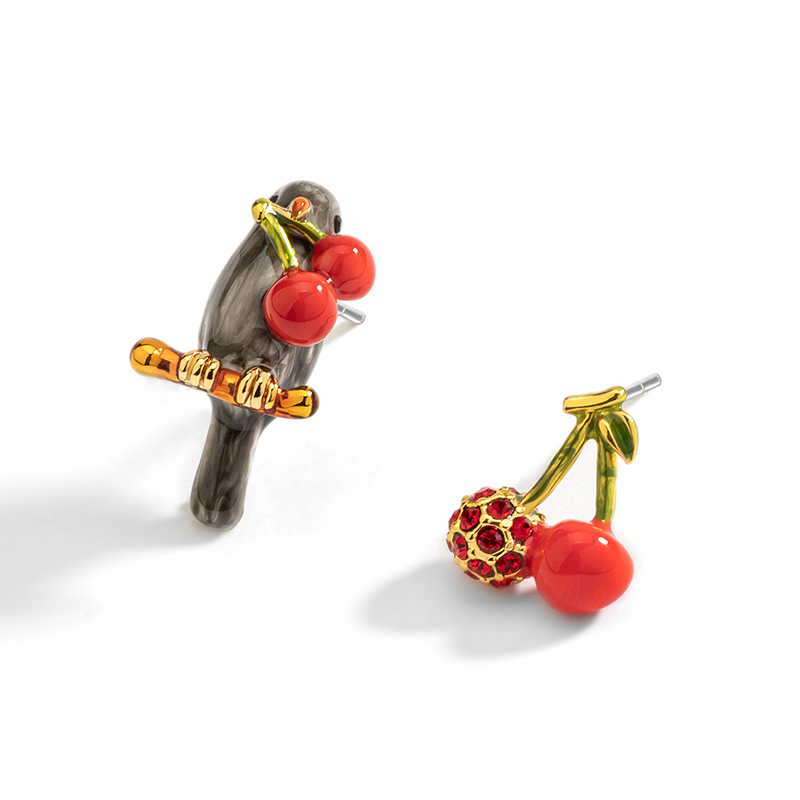 Cute Magpie Bird With Cherry Asymmetrical Enamel Stud Earrings