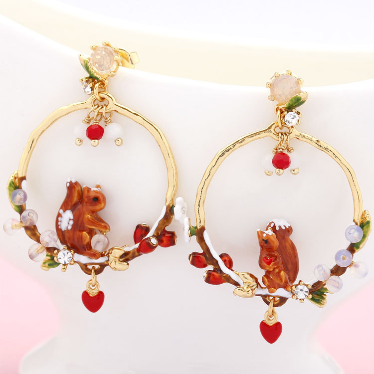 Cute Squirrel 925 Silver Enamel Earrings Jewelry Stud Earrings