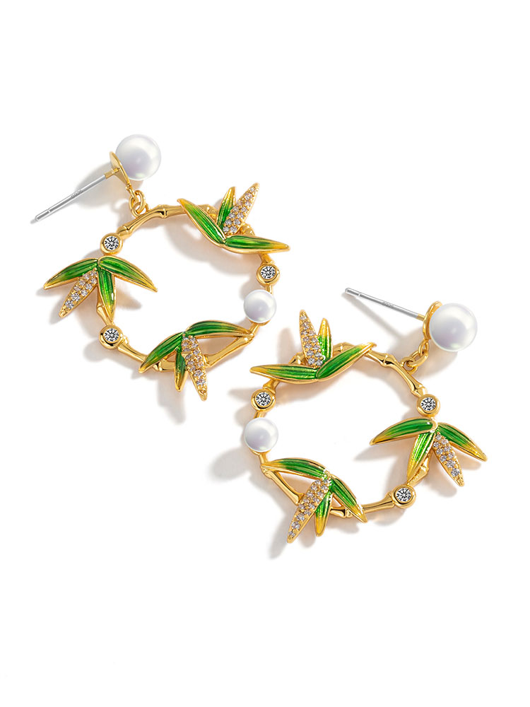 Bamboo Leaf And Pearl Crystal Enamel Stud Earrings