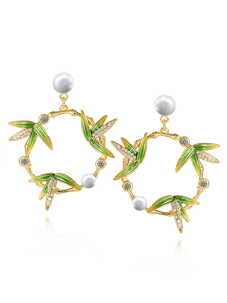 Bamboo Leaf And Pearl Crystal Enamel Stud Earrings