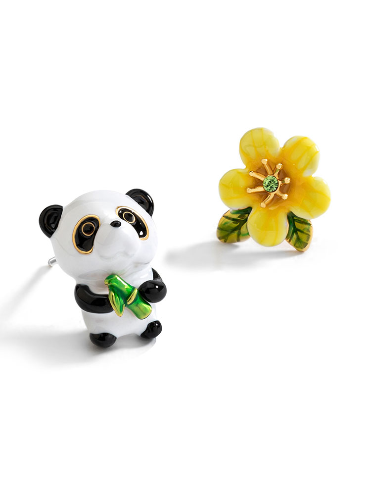 Cute Panda With Bamboo And Flower Enamel Stud Earrings