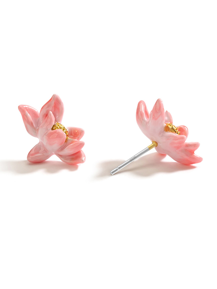 Lotus Pink Flower Enamel Stud Earrings