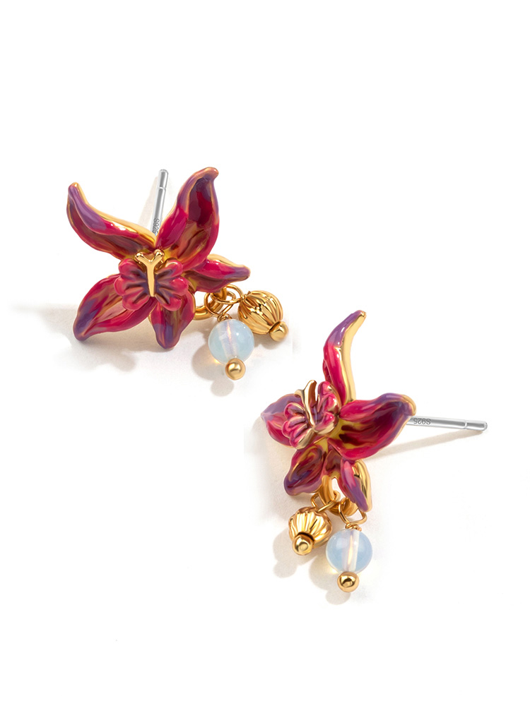 Purple Red Flower And Bead Enamel Stud Earrings