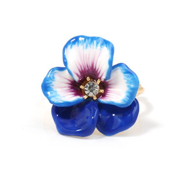 Pansy Blue Red Flower And Crystal Enamel Adjustable Ring