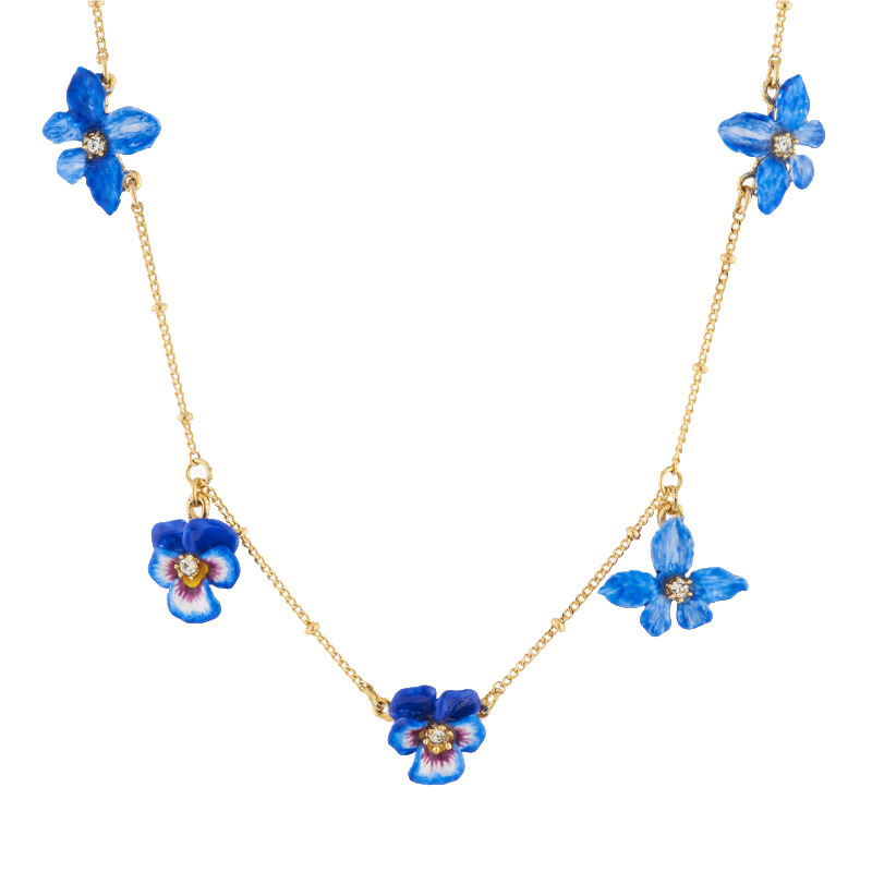 Pansy Flower Blue And Crystal Enamel Charm Necklace
