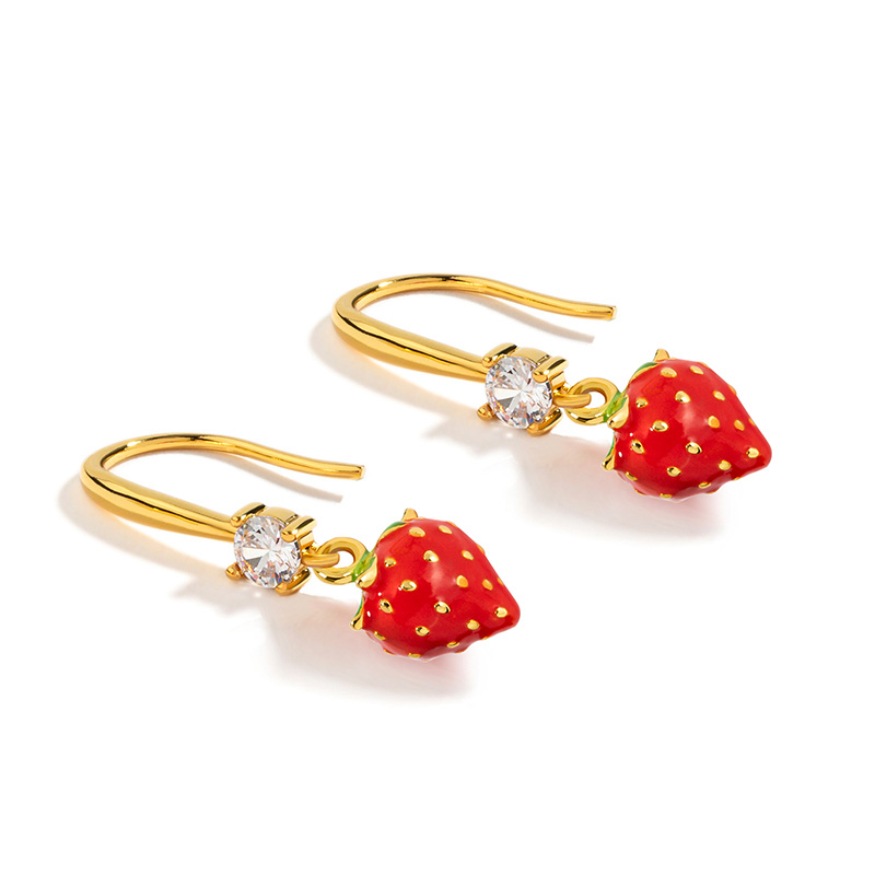 Fruit Strawberry And Crystal Enamel Hook Earrings