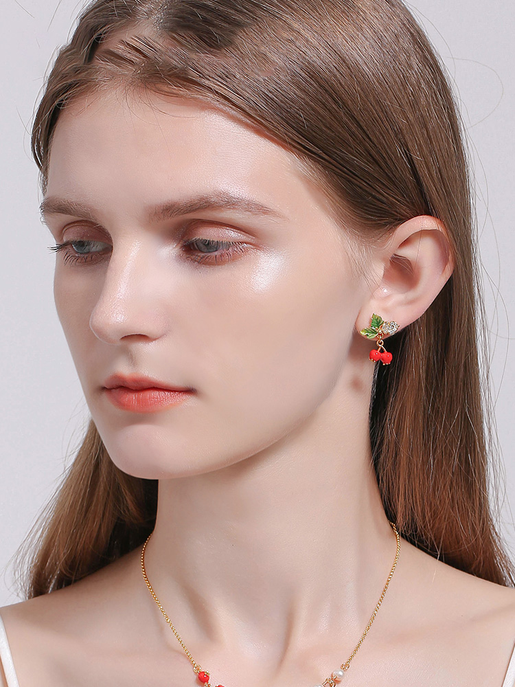 Red Fruit Hawthorn And Green Leaf With Crystal Enamel Stud Earrings