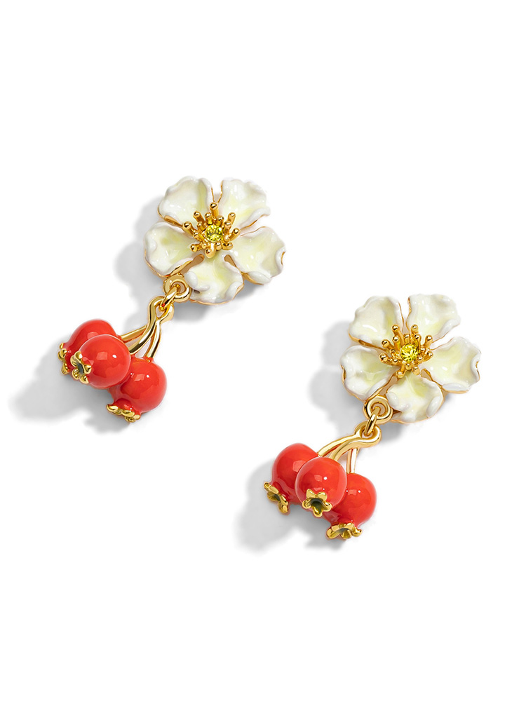 Red Fruit Hawthorn And White Flower Enamel Stud Earrings